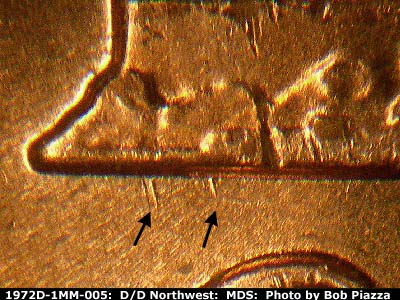 Die-stage B marker on 1972D•1MM•005 (1972 Repunched Mint Mark).