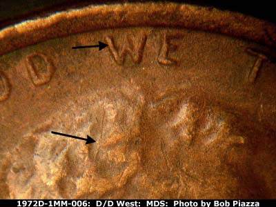 Die-stage B marker on 1972D•1MM•006 (1972 Repunched Mint Mark).
