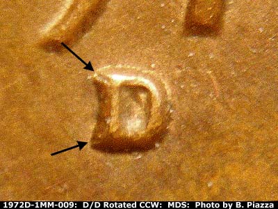 Die-stage B marker on 1972D•1MM•009 (1972 Repunched Mint Mark).