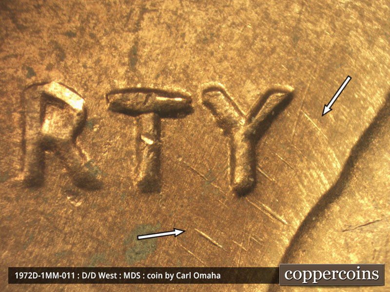 Die-stage B marker on 1972D•1MM•011 (1972 Repunched Mint Mark).