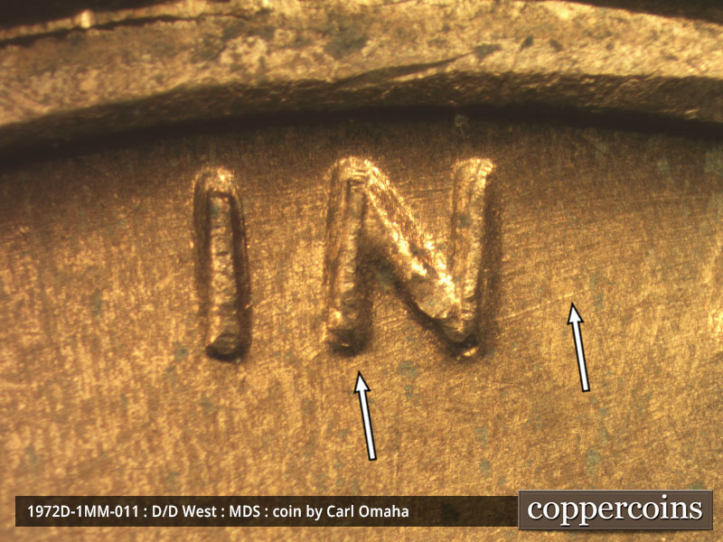 Die-stage B marker on 1972D•1MM•011 (1972 Repunched Mint Mark).