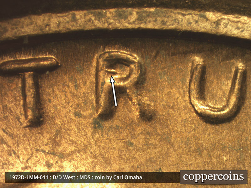 Die-stage B marker on 1972D•1MM•011 (1972 Repunched Mint Mark).