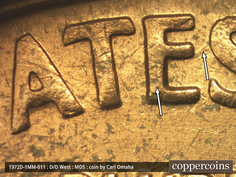 Die-stage B marker on 1972D•1MM•011 (1972 Repunched Mint Mark).