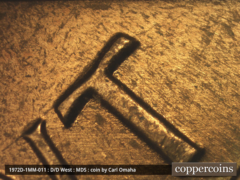 Die-stage B marker on 1972D•1MM•011 (1972 Repunched Mint Mark).