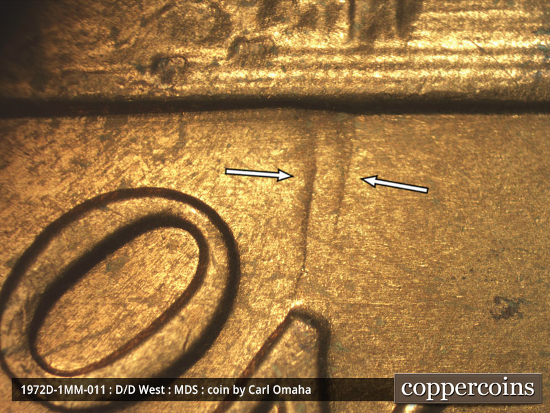 Die-stage B marker on 1972D•1MM•011 (1972 Repunched Mint Mark).
