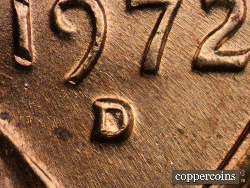 1972 Lincoln cent obverse, CopperCoins die 1972D•1MM•014.