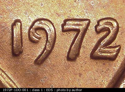 Die-stage A marker on 1972P•1DO•001 (1972 Doubled Die Obverse).