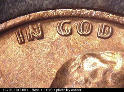 Die-stage A marker on 1972P•1DO•001 (1972 Doubled Die Obverse).
