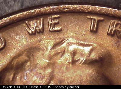 Die-stage A marker on 1972P•1DO•001 (1972 Doubled Die Obverse).