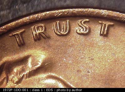 Die-stage A marker on 1972P•1DO•001 (1972 Doubled Die Obverse).