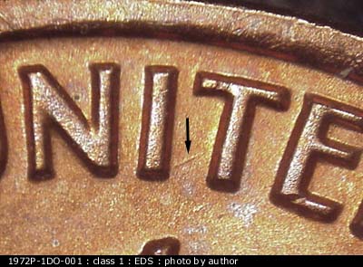 Die-stage A marker on 1972P•1DO•001 (1972 Doubled Die Obverse).