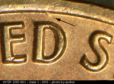 Die-stage A marker on 1972P•1DO•001 (1972 Doubled Die Obverse).