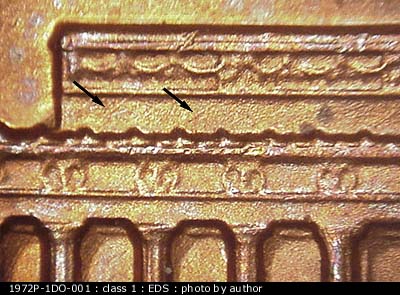 Die-stage A marker on 1972P•1DO•001 (1972 Doubled Die Obverse).