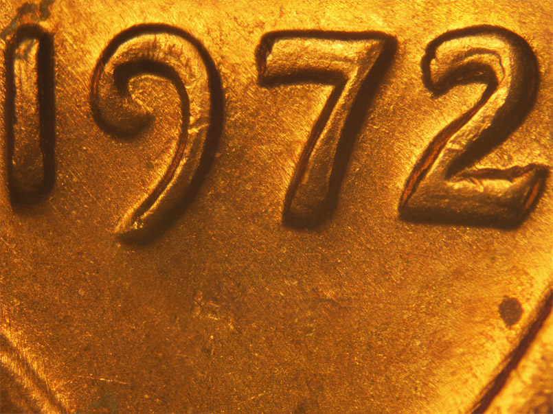 Die-stage A marker on 1972P•1DO•002 (1972 Doubled Die Obverse).