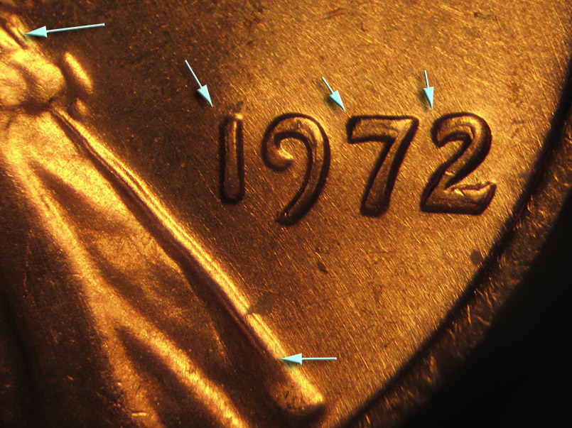 Die-stage A marker on 1972P•1DO•002 (1972 Doubled Die Obverse).