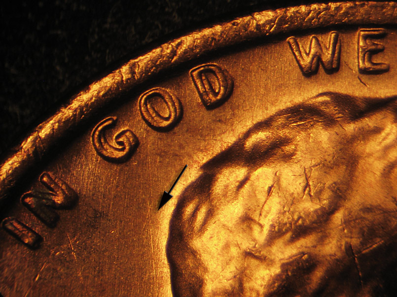 Die-stage A marker on 1972P•1DO•002 (1972 Doubled Die Obverse).