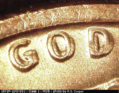 Die-stage B marker on 1972P•1DO•002 (1972 Doubled Die Obverse).
