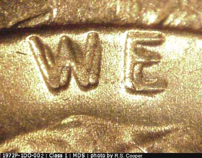 Die-stage B marker on 1972P•1DO•002 (1972 Doubled Die Obverse).