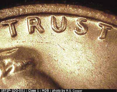 Die-stage B marker on 1972P•1DO•002 (1972 Doubled Die Obverse).