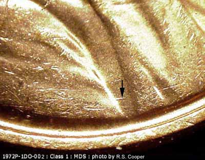 Die-stage B marker on 1972P•1DO•002 (1972 Doubled Die Obverse).