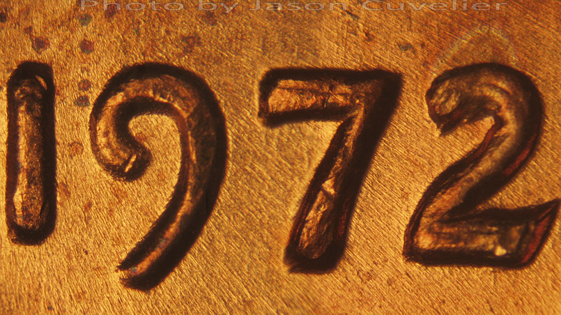 Die-stage A marker on 1972P•1DO•003 (1972 Doubled Die Obverse).