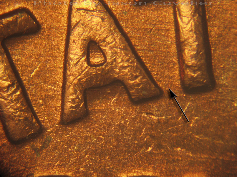 Die-stage A marker on 1972P•1DO•003 (1972 Doubled Die Obverse).