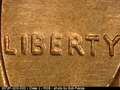 Die-stage B marker on 1972P•1DO•003 (1972 Doubled Die Obverse).