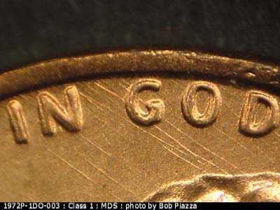 Die-stage B marker on 1972P•1DO•003 (1972 Doubled Die Obverse).