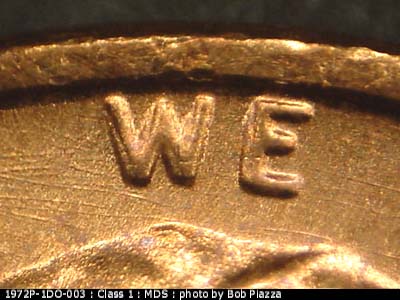 Die-stage B marker on 1972P•1DO•003 (1972 Doubled Die Obverse).