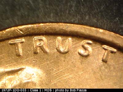 Die-stage B marker on 1972P•1DO•003 (1972 Doubled Die Obverse).