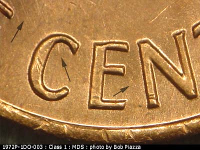 Die-stage B marker on 1972P•1DO•003 (1972 Doubled Die Obverse).