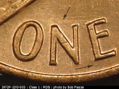 Die-stage B marker on 1972P•1DO•003 (1972 Doubled Die Obverse).