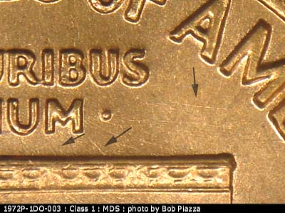 Die-stage B marker on 1972P•1DO•003 (1972 Doubled Die Obverse).
