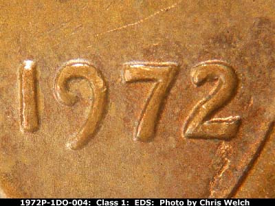 Die-stage A marker on 1972P•1DO•004 (1972 Doubled Die Obverse).
