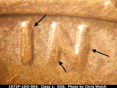 Die-stage A marker on 1972P•1DO•004 (1972 Doubled Die Obverse).
