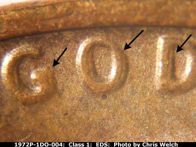 Die-stage A marker on 1972P•1DO•004 (1972 Doubled Die Obverse).