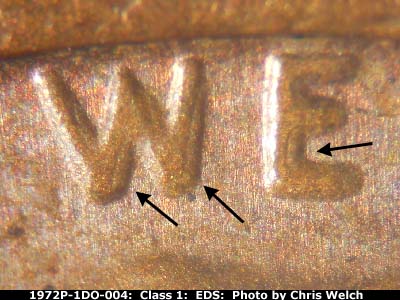 Die-stage A marker on 1972P•1DO•004 (1972 Doubled Die Obverse).