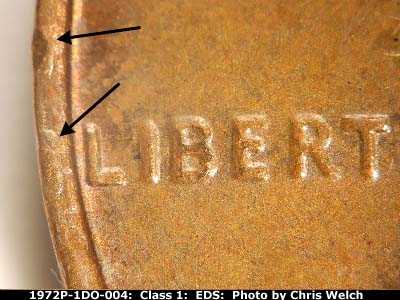 Die-stage A marker on 1972P•1DO•004 (1972 Doubled Die Obverse).