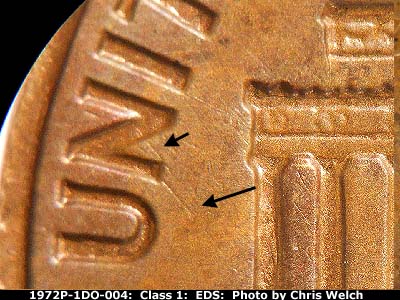 Die-stage A marker on 1972P•1DO•004 (1972 Doubled Die Obverse).