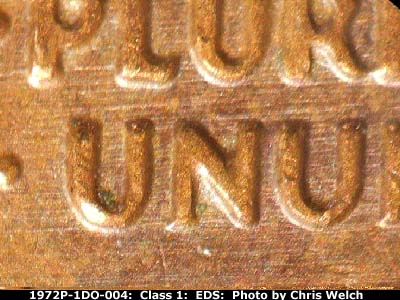 Die-stage A marker on 1972P•1DO•004 (1972 Doubled Die Obverse).