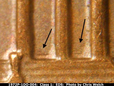 Die-stage A marker on 1972P•1DO•004 (1972 Doubled Die Obverse).