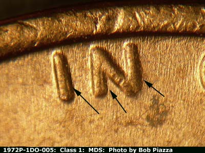 Die-stage B marker on 1972P•1DO•005 (1972 Doubled Die Obverse).