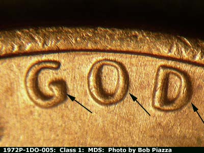 Die-stage B marker on 1972P•1DO•005 (1972 Doubled Die Obverse).