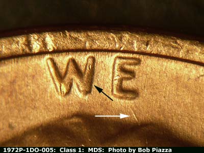 Die-stage B marker on 1972P•1DO•005 (1972 Doubled Die Obverse).