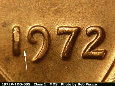Die-stage B marker on 1972P•1DO•005 (1972 Doubled Die Obverse).