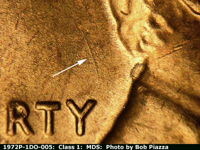 Die-stage B marker on 1972P•1DO•005 (1972 Doubled Die Obverse).