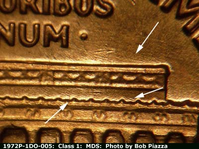 Die-stage B marker on 1972P•1DO•005 (1972 Doubled Die Obverse).