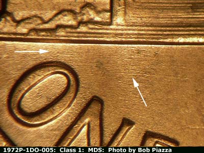 Die-stage B marker on 1972P•1DO•005 (1972 Doubled Die Obverse).