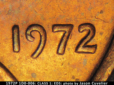 Die-stage A marker on 1972P•1DO•006 (1972 Doubled Die Obverse).