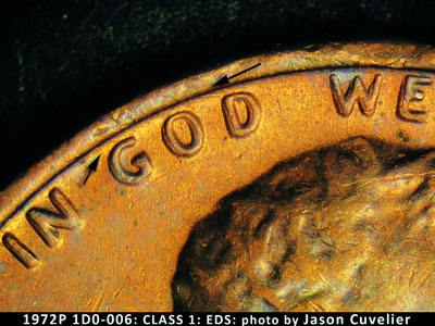 Die-stage A marker on 1972P•1DO•006 (1972 Doubled Die Obverse).